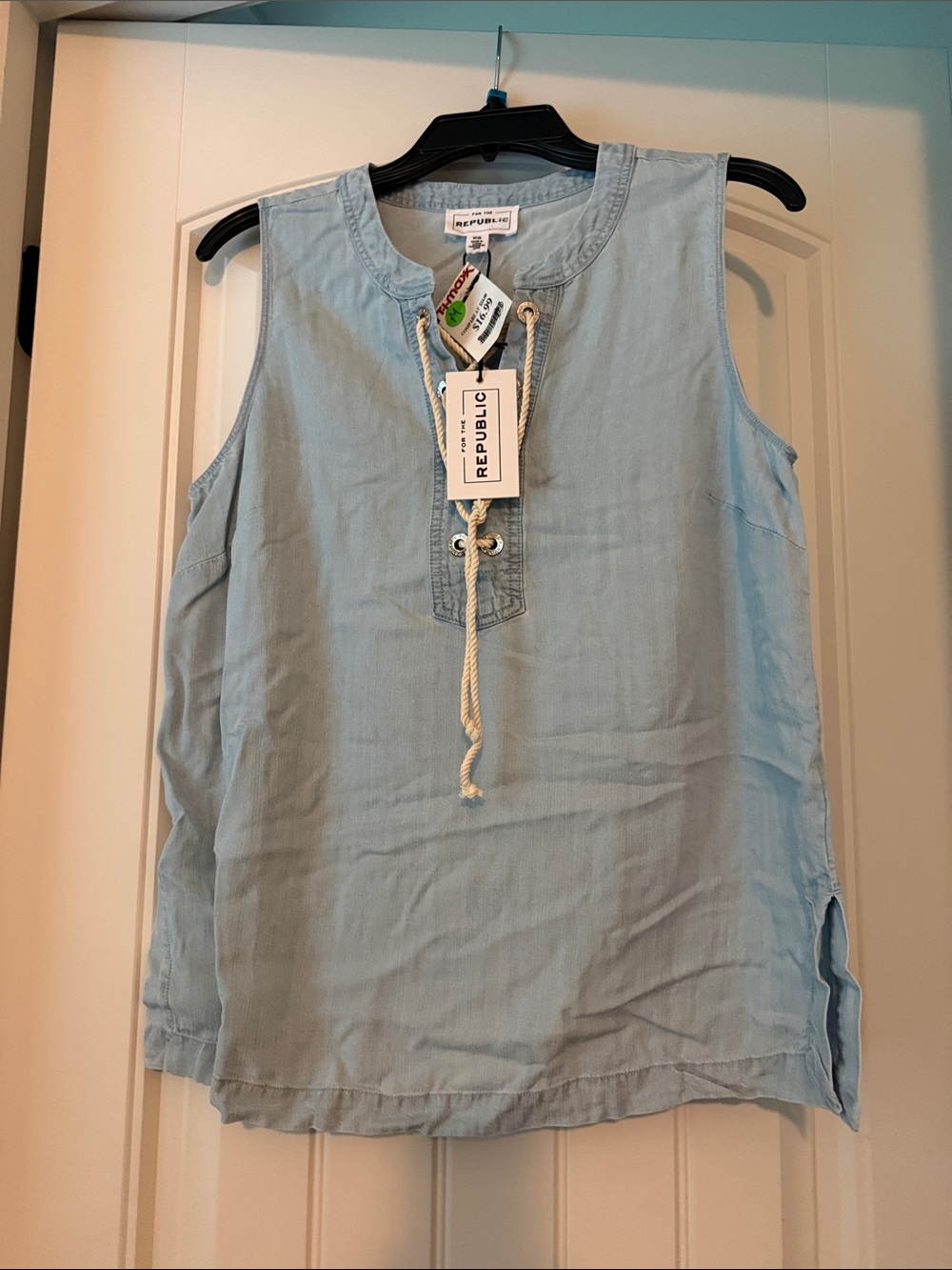 For The Republic Light Blue Lace-Up Chambray Tank
